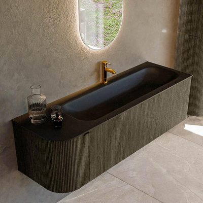 Mondiaz KURVE Ensemble de meuble de salle de bains - 145x46x40cm - 1 tiroir - 1 porte - vasque solid surface - droite - 1 trou de robinet - Shadow