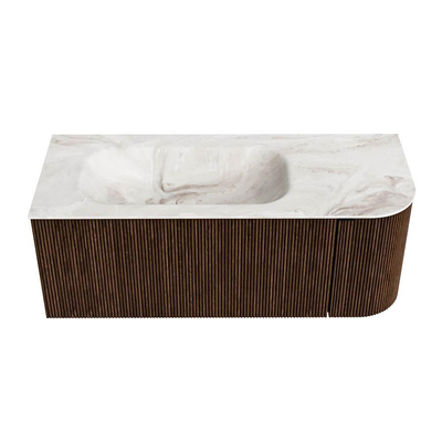 MONDIAZ KURVE-DLUX meuble de salle de bains 115cm avec module 25 R couleur Walnut avec 1 tiroir et 1 porte. Vasque BIG SMALL gauche sans trou de robinet couleur Frappe.