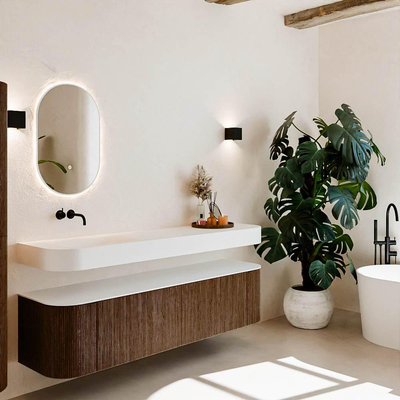 MONDIAZ THOR 180cm meuble de salle de bains arrondi gauche + droite couleur Walnut avec 2 tiroirs et 2 portes. Vasque suspendue CLOUD Gauche sans trou de robinet couleur Talc.