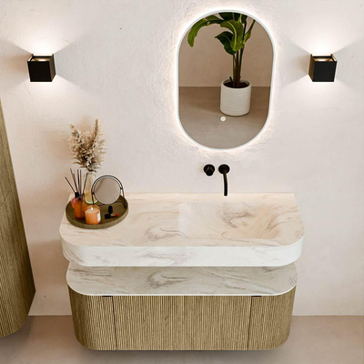 MONDIAZ THOR-DLUX 120cm meuble de salle de bains arrondi gauche + droite couleur Dusk avec 1 tiroir et 2 portes. Vasque suspendue CLOUD Droite sans trou de robinet couleur Ostra.