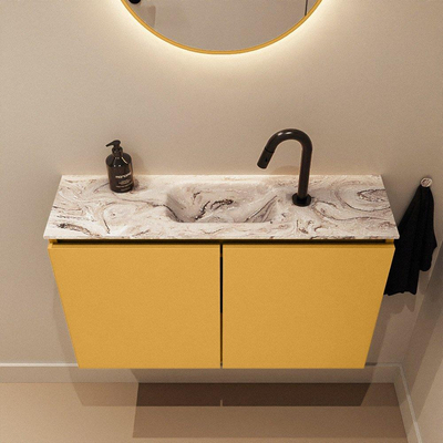 MONDIAZ TURE-DLUX Meuble toilette - 80cm - Ocher - EDEN - vasque Glace - position centrale - 1 trou de robinet