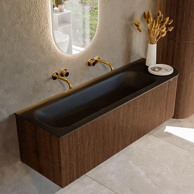 MONDIAZ KURVE 145cm badmeubel met module 25 R kleur Walnut met 1 lade en 1 deur. Wastafel BIG LARGE links zonder kraangat Urban.