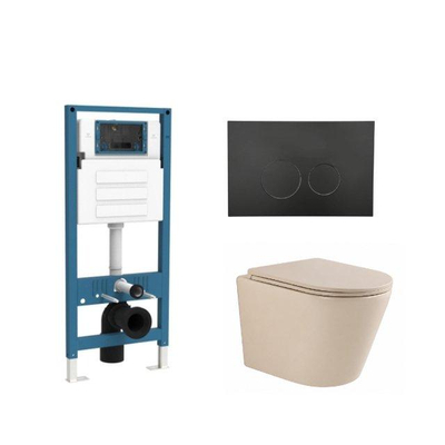 QeramiQ Dely Ensemble de toilette - réservoir encastré Qeramiq Flush - abattant slim - plaque de commande noire mate en métal - boutons rectangulaires - beige