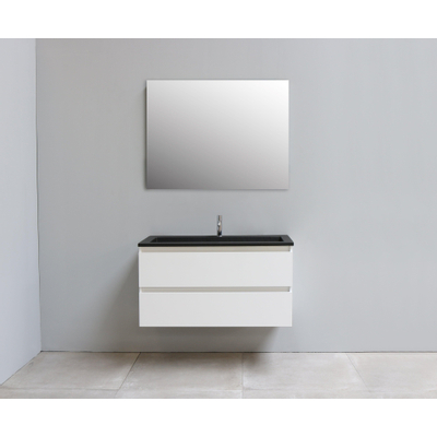 Basic Bella Meuble salle de bains 100x55x46cm avec lavabo acrylique Noir 1 trou pour robinet avec miroir Blanc brillant