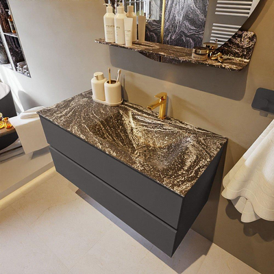 Mondiaz VICA-DLUX Ensemble de meuble de salle de bain - 100cm - meuble sous-vasque gris foncé - 2 tiroirs - lavabo encastré cloud droite - 1 trou de robinet - version haute de 60cm - lave