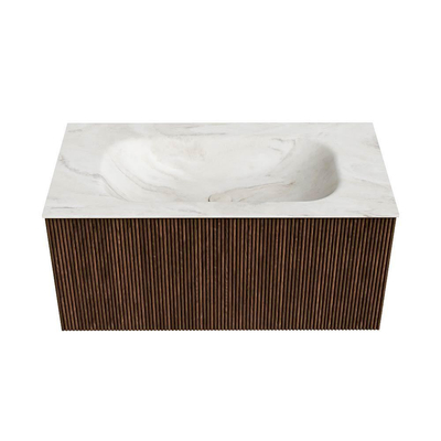 MONDIAZ KURVE-DLUX Meuble de salle de bains 90cm couleur Walnut avec 1 tiroir. Vasque BIG SMALL centrale sans trou de robinet couleur Ostra.