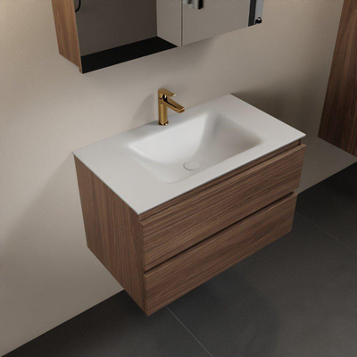 Mondiaz Aivy badmeubelset - 80x45x50cm - 1 kraangat - 1 wasbak talc Solid surface - Midden - 2 lades - Met spiegelkast - Melamine Mocha