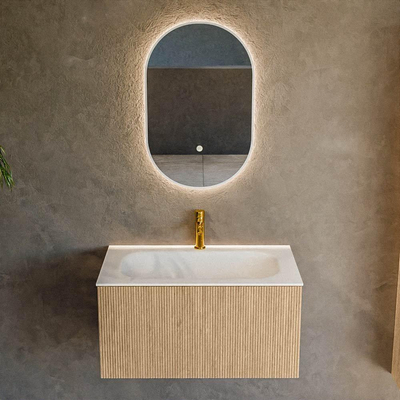 MONDIAZ KURVE 80cm badmeubel kleur Oak met 1 lade. Wastafel BIG SMALL midden 1 kraangat Talc.