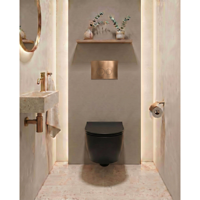 QeramiQ Dely Pack WC - 36,3x51,7cm - à fond creux - sans bride - réservoir encastré Geberit UP320 - abattant WC softclose 35 mm - plaque de commande en cuivre - boutons ronds - noir mat
