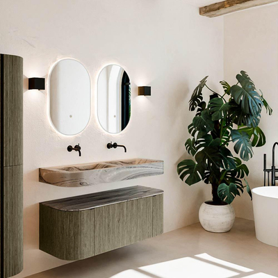 MONDIAZ THOR-DLUX 120cm meuble de salle de bains arrondi gauche + droite couleur Shadow avec 1 tiroir et 2 portes. Vasque suspendue CLOUD Double sans trou de robinet couleur Sombra.