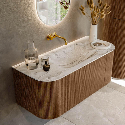 MONDIAZ KURVE-DLUX 110cm Meuble salle de bain avec module 25 G et D - couleur Walnut - 1 tiroir - 2 portes - vasque CLOUD centre - sans trou de robinet - couleur Glace