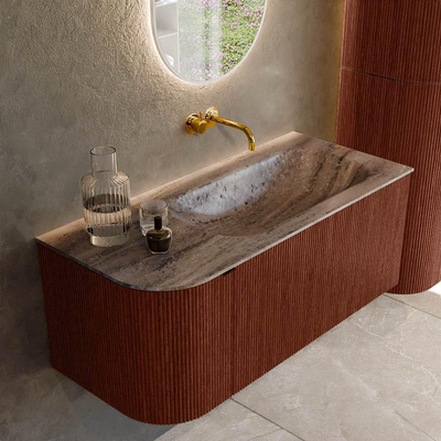MONDIAZ KURVE-DLUX Meuble de salle de bains 105cm arrondi à gauche couleur Ruby avec 1 tiroir et 1 porte. Lavabo BIG SMALL à droite sans trou de robinet Oza.