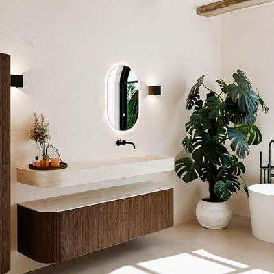 MONDIAZ THOR-DLUX 160cm meuble de salle de bains arrondi gauche + droite couleur Walnut avec 1 tiroir et 2 portes. Vasque suspendue CLOUD Droite sans trou de robinet couleur Meli.