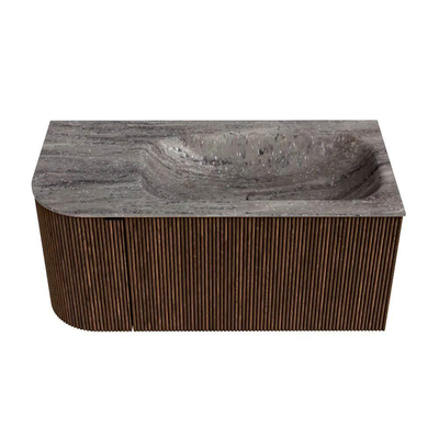 MONDIAZ KURVE-DLUX Meuble de salle de bains 95cm arrondi à gauche couleur Walnut avec 1 tiroir et 1 porte. Lavabo BIG SMALL à droite sans trou de robinet Oza.