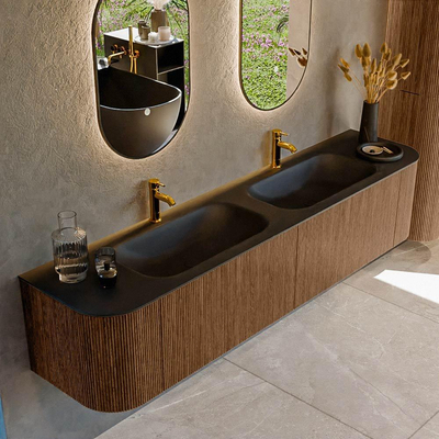 MONDIAZ KURVE 200cm Meuble salle de bain avec module 25 G et D - couleur Walnut - 2 tiroirs - 2 portes - vasque BIG SMALL double - 2 trous de robinet - Urban