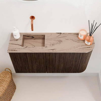 Mondiaz JOYA-DLUX 81.6cm toiletmeubel - ronding rechts kleur Walnut - Wastafel FAYE positie Links Zonder kraangat kleur Arena.