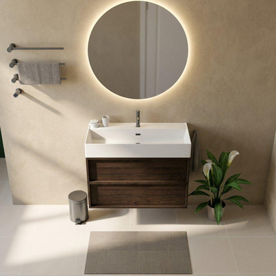 Saniclass Holz Frame Ensemble meuble de salle de bains - 100x45x72cm - Legend lavabo en céramique blanc mat - 1 vasque - 1 trou de robinetterie - 2 tiroirs - chêne charcoal mat (bois)