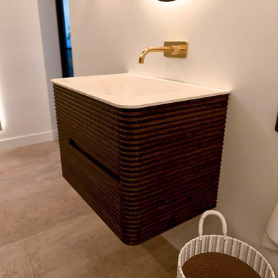 Mondiaz CIRO-DLUX Badkamermeubelset - 70x45x50cm - Solid surface wastafel Meli - 1 wasbak Midden - zonder kraangaten - 2 lades - Walnut