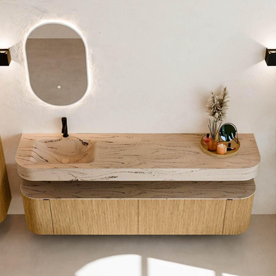 MONDIAZ THOR-DLUX 190cm meuble de salle de bains arrondi gauche + droite couleur Oak avec 2 tiroirs et 2 portes. Vasque suspendue CLOUD Gauche 1 trou de robinet couleur Arena.