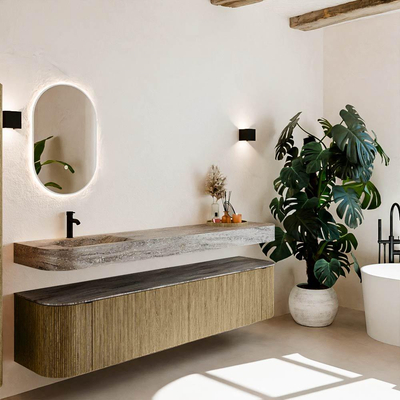 MONDIAZ THOR-DLUX Meuble de salle de bains - 200cm - arrondi gauche + droite - couleur Dusk - 2 tiroirs et 2 portes - Vasque suspendue CLOUD Gauche 1 trou de robinet - couleur Oza