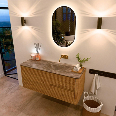 Mondiaz CIRO-DLUX Meuble de salle de bains - 120x45x50cm - vasque solid surface Oza - 1 lavabo à droite - sans trous de robinet - 2 tiroirs - Chêne