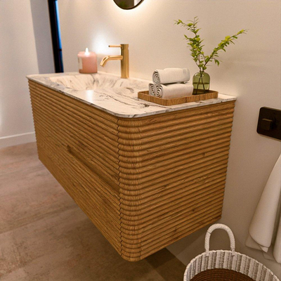 Mondiaz CIRO-DLUX Meuble de salle de bains - 110x45x50cm - Plan vasque solid surface Glace - 1 vasque à gauche - 1 trou pour robinet - 2 tiroirs - Chêne