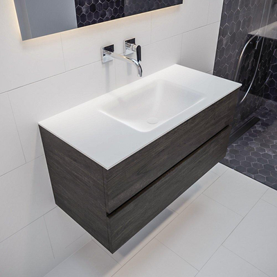 MONDIAZ VICA Ensemble de meuble salle de bain - 100cm - 2 tiroirs - lavabo Cloud au centre - 0 trou de robinet - solid surface marron foncé