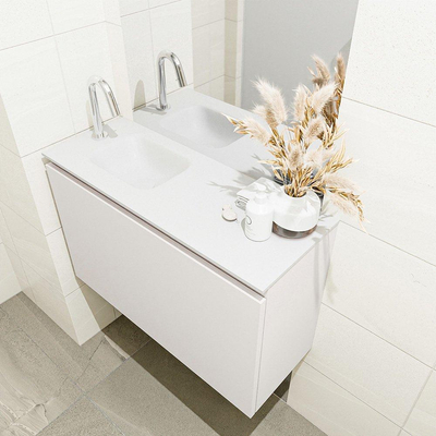 MONDIAZ OLAN Toiletmeubel 80x30x40cm met 1 kraangaten 1 lades linen mat Wastafel Lex links Solid Surface Wit