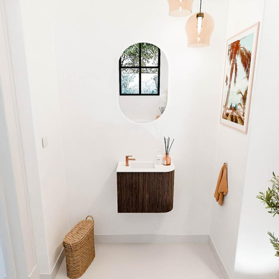 Mondiaz JOYA 51.6cm toiletmeubel - ronding rechts kleur Walnut - Wastafel FAYE positie Links 1 kraangat kleur Talc.