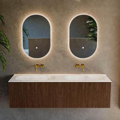 MONDIAZ KURVE-DLUX 150cm Meuble salle de bain - couleur Walnut - 2 tiroirs - vasque STOR SMALL double - sans trou de robinet - couleur Ostra