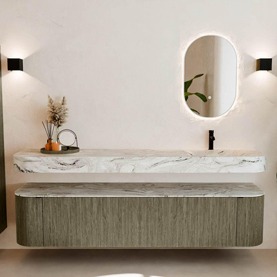 MONDIAZ THOR-DLUX 200cm meuble de salle de bains arrondi gauche + droite couleur Shadow avec 2 tiroirs et 2 portes. Vasque suspendue CLOUD Droite 1 trou de robinet couleur Glace.