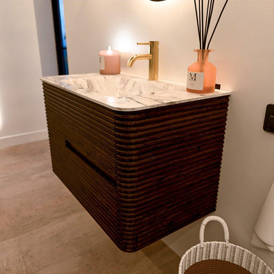 Mondiaz CIRO-DLUX Meuble de salle de bains - 80x45x50cm - Plan vasque solid surface Glace - 1 lavabo central - 1 trou de robinet - 2 tiroirs - Noyer