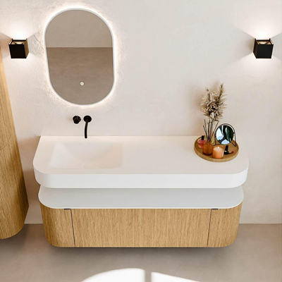 MONDIAZ THOR 150cm badmeubel ronding links + rechts kleur Oak met 1 lade en 2 deuren. Vrijhangende wastafel CLOUD Links zonder kraangat kleur Talc.