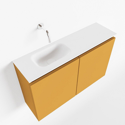 MONDIAZ TURE Toiletmeubel 80x23x50cm met 0 kraangaten 2 deuren ocher mat Wastafel Eden links Solid Surface Wit