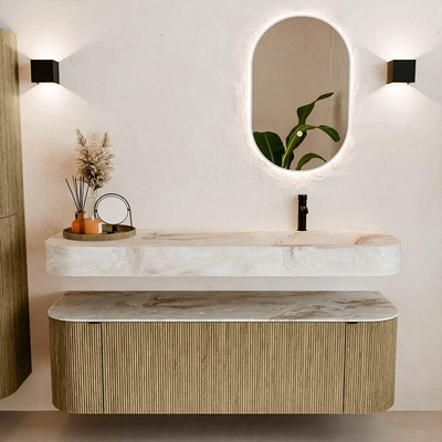 MONDIAZ THOR-DLUX 150cm meuble de salle de bains arrondi gauche + droite couleur Dusk avec 1 tiroir et 2 portes. Vasque suspendue CLOUD Droite 1 trou de robinet couleur Frappe.