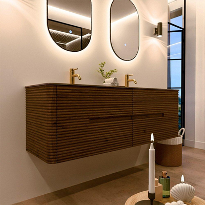 Mondiaz CIRO-DLUX Badkamermeubelset - 150x45x50cm - Solid surface wastafel Sombra - 2 wasbak Dubbel - 2 kraangaten - 4 lades - Dusk