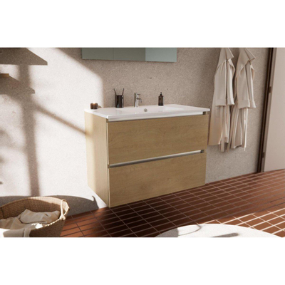 Nemo Go Ensemble de meuble - 60x65x45.5cm - 2 tiroirs - sans poignée - 1 vasque Blanc brillant - 1 trous de robinet - avec miroir - MDF Riverside Oak