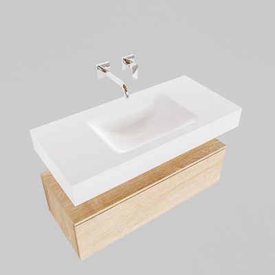 MONDIAZ ALAN 100cm - armoire sous-vasque - chêne blanchi - 1 tiroir - lavabo suspendu - vasque au centre - 0 trous de robinet - talc