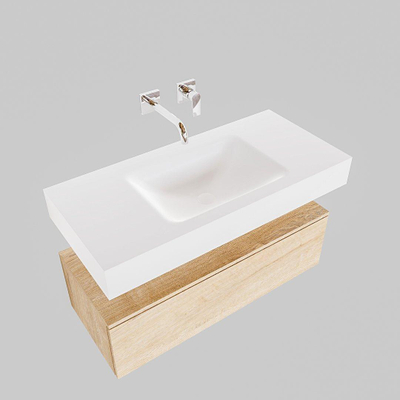 MONDIAZ ALAN 100cm - armoire sous-vasque - chêne blanchi - 1 tiroir - lavabo suspendu - vasque au centre - 0 trous de robinet - talc