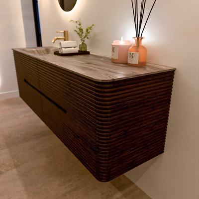 Mondiaz CIRO-DLUX Badkamermeubelset - 160x45x50cm - Solid surface wastafel Sombra - 1 wasbak Links - 1 kraangat - 4 lades - Walnut