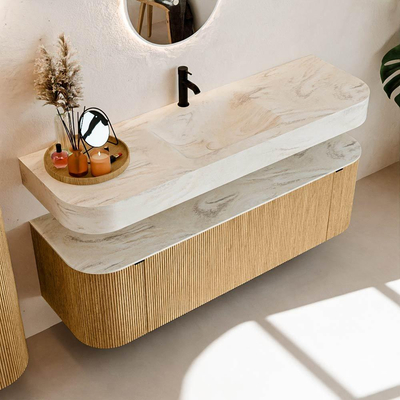 MONDIAZ THOR-DLUX 150cm badmeubel ronding links + rechts kleur Oak met 1 lade en 2 deuren. Vrijhangende wastafel CLOUD Midden 1 kraangat kleur Ostra.