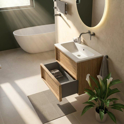 Saniclass Holz Frame Ensemble meuble de salle de bains - 80x45x77.5cm - lavabo Torino en solid surface blanc - sans trou de robinet - 2 tiroirs - chêne natural mat (bois)