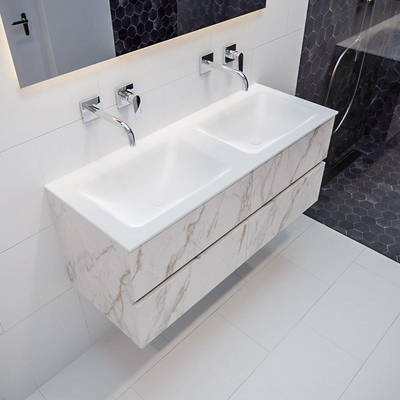 Mondiaz VICA ensemble de meuble de salle de bain - 120cm - meuble sous-vasque carrara - 4 tiroirs - lavabo cloud double - sans trous de robinet - miroir LED - version XL 60cm de haut