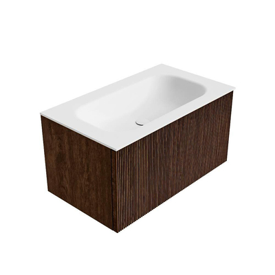 MONDIAZ KURVE 80cm badmeubel kleur Walnut met 1 lade. Wastafel BIG SMALL midden 1 kraangat Talc.