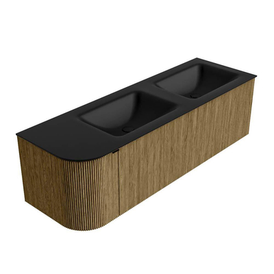 Mondiaz KURVE Ensemble de meuble de salle de bains - 145x46x40cm - 1 tiroir - 1 porte - vasque solid surface - double / droite - 2 trous de robinet - Dusk