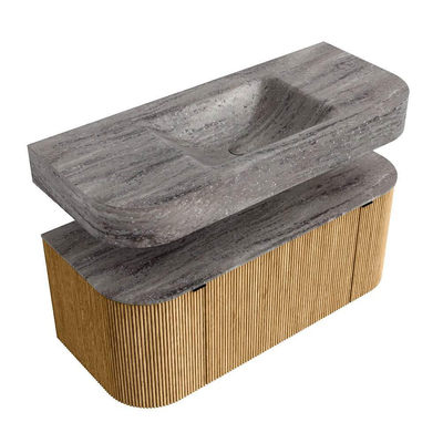 MONDIAZ THOR-DLUX 110cm badmeubel ronding links + rechts kleur Oak met 1 lade en 2 deuren. Vrijhangende wastafel CLOUD Midden 1 kraangat kleur Oza.