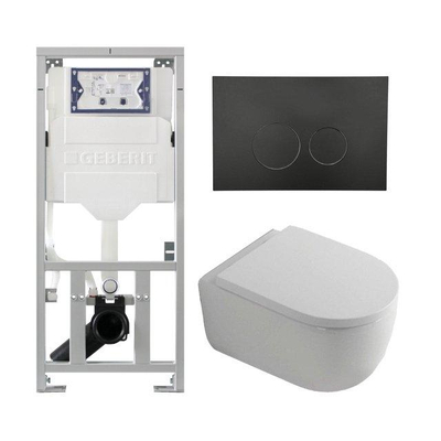 QeramiQ Dely Swirl Ensemble WC- 36.3x51.7cm - Réservoir encastré Geberit UP320 - Abattant 35mm - Plaque de commande en noir mat - Boutons ronds - Blanc brillant