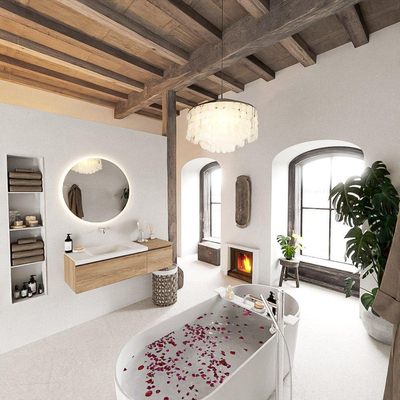 MONDIAZ BUKLA Meuble de salle de bains 120 cm avec module 40 couleur Chêne blanchi avec 2 tiroirs. Lavabo CLOUD gauche 0 trou de robinet couleur Talc.