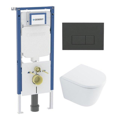 QeramiQ Dely Toiletset - 36.3x51.7cm - diepspoel - rimless - Geberit UP720 inbouwreservoir - softclose toilet zitting - 35mm - bedieningsplaat antraciet mat - rechthoekige knoppen - met Burda frame - glans wit