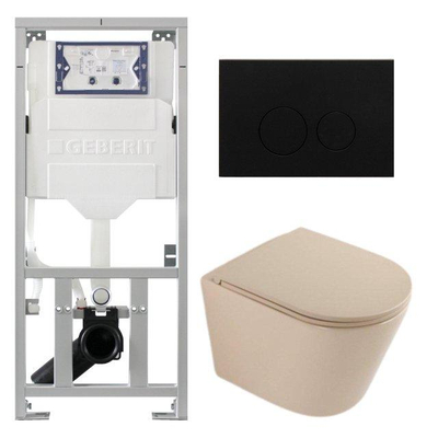 QeramiQ Dely Pack WC - 36,3x51,7cm - à fond creux - sans bride - réservoir encastré Geberit UP320 - abattant WC à fermeture douce - plaque de commande en métal noir mat - boutons ronds - beige mat